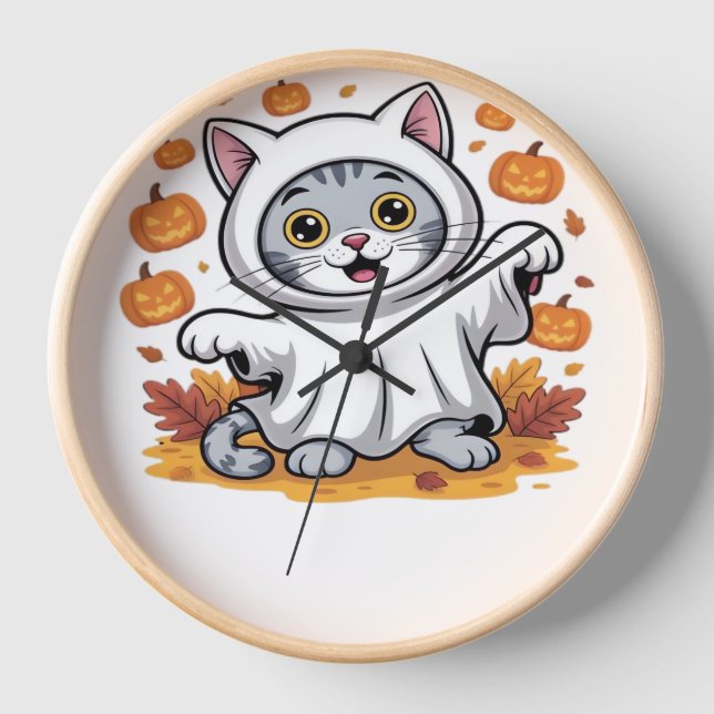Horloge Kitten habillé comme un fantôme pour Halloween cla (Recto)