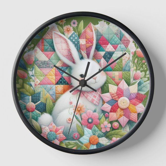 Horloge Lapin avec courtepointe et fleurs (Recto)