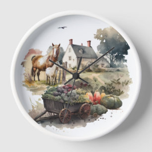 Horloge Le pays du cheval produit l'aquarelle de ferme