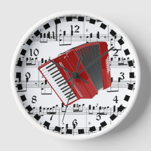 Horloge Let's Polka, accordéon rouge sur partitions