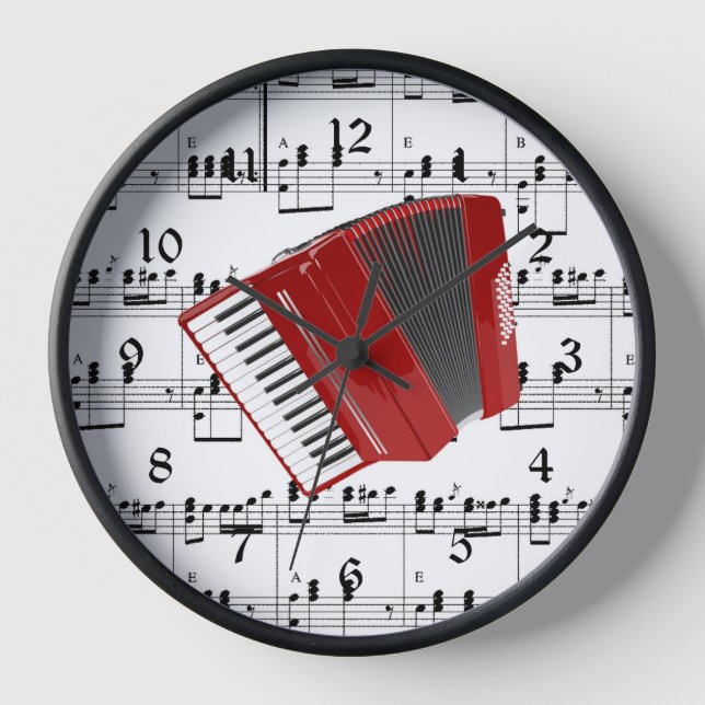 Horloge Let's Polka, accordéon rouge sur partitions (Recto)