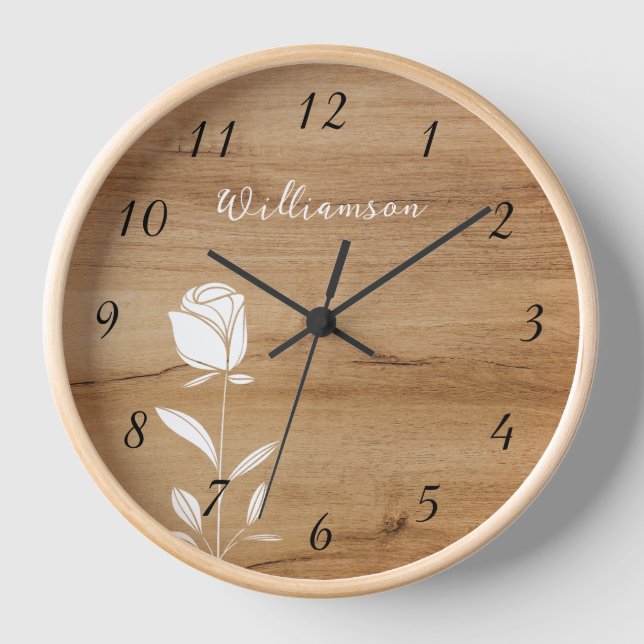 Horloge Ligne Blanche Art Rose Bois Arrière - plan Numéros (Recto)