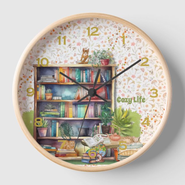 Horloge Livres et Amoureux de les chats Hygge Anniversaire (Recto)