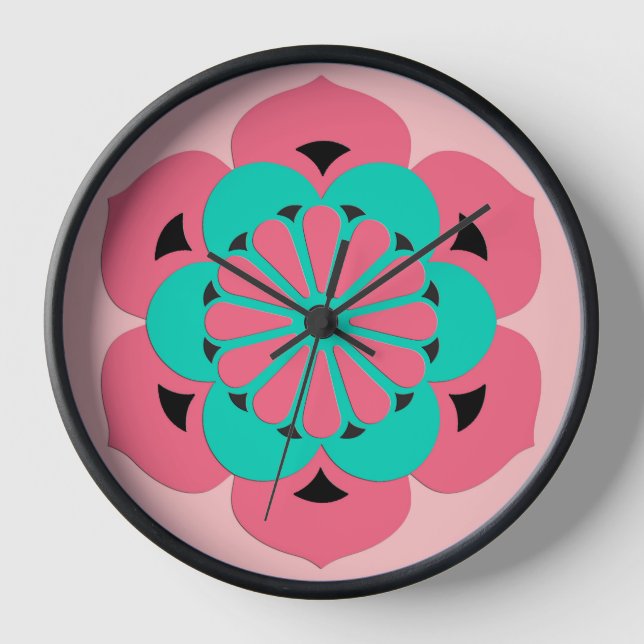 Horloge Lotus Flower Mandala, Coral rose et Turquoise (Recto)