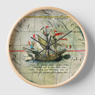 Horloge Magellans navire Victoria, Antique Carte Océan Pac