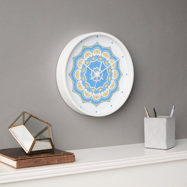 Horloge Mandala Abstrait tendance bleu pâle et jaune (Bureau)