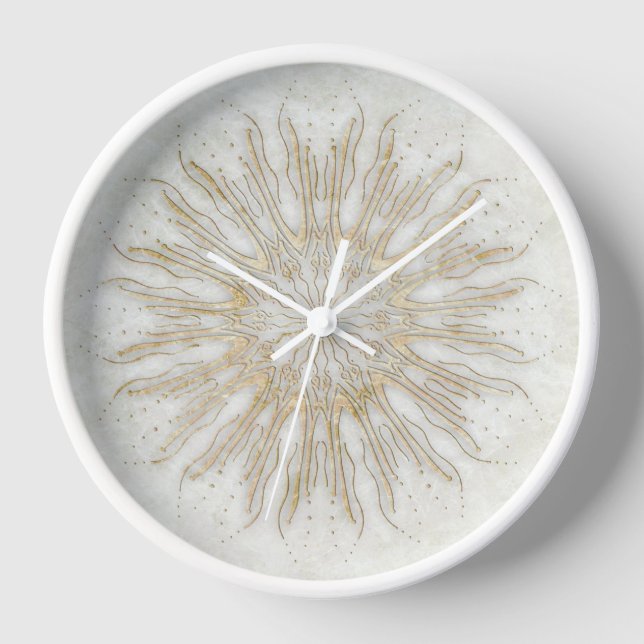 Horloge Mandala de sunburst de style boho bio blanc doré (Recto)
