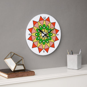 Horloge - Mandala en rouge, rose, vert, jaune