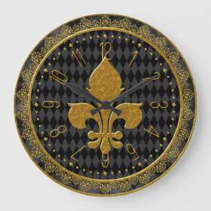 Horloge Mardi Gras, Fleur de Lis Dorée Grande Horl