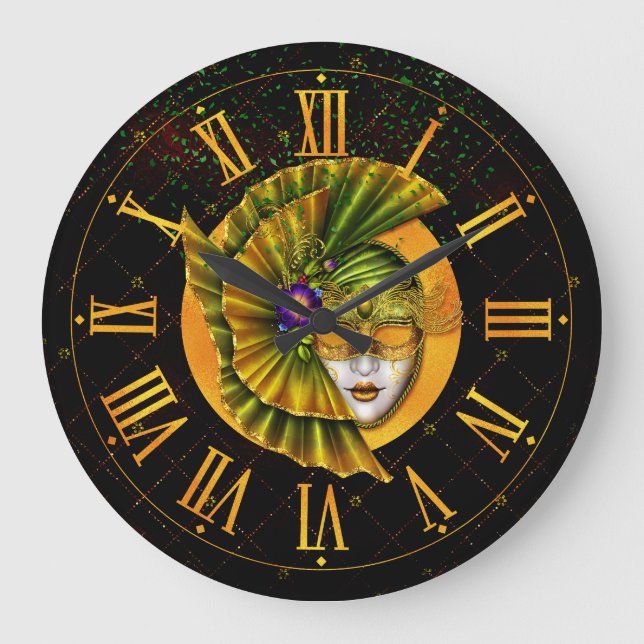 Horloge Mardi Gras, Masque doré vert Carnaval (Recto)
