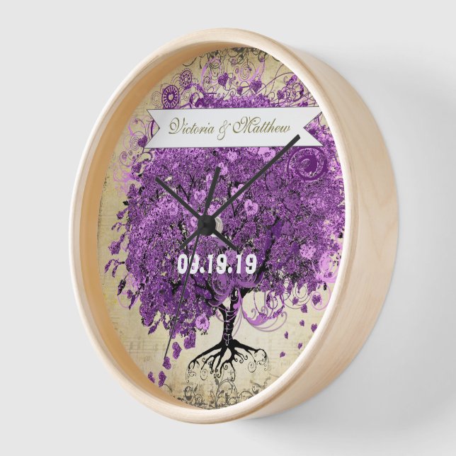 Horloge Mariage de feuille d'arbre de coeur violet radiant (Angle)