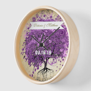 Horloge Mariage de l'arbre à feuilles en forme de cœur vio