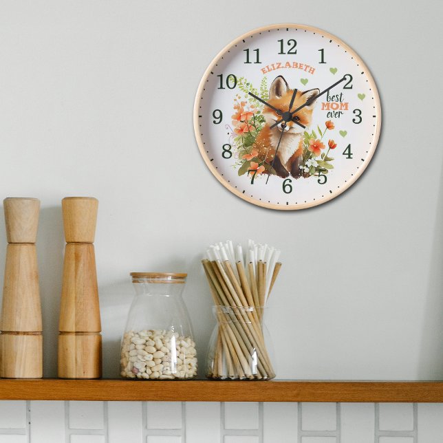 Horloge Meilleure Maman Ever Aquarelle Mignonne Fox Bois M (Créateur téléchargé)