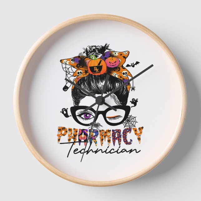 Horloge Messy Bun Technicien en pharmacie Fête d'Halloween (Recto)