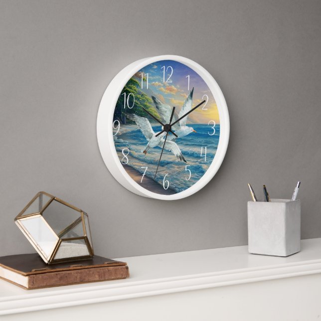Horloge mignon amoureux de mouette volant maison de plage (Bureau)