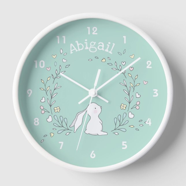 Horloge Mignonne lapin dans une couronne, Pépinière verte  (Recto)