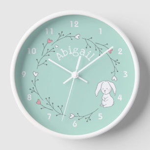 Horloge Mignonne lapin dans une couronne, Pépinière verte