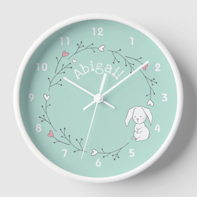 Horloge Mignonne lapin dans une couronne, Pépinière verte  (Recto)