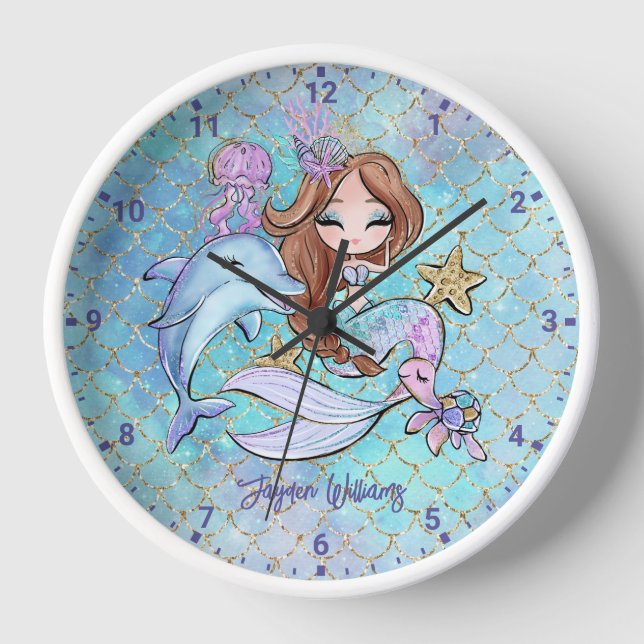 Horloge Mignonne Sirène Lumière Cheveux Brown Personnalisé (Recto)