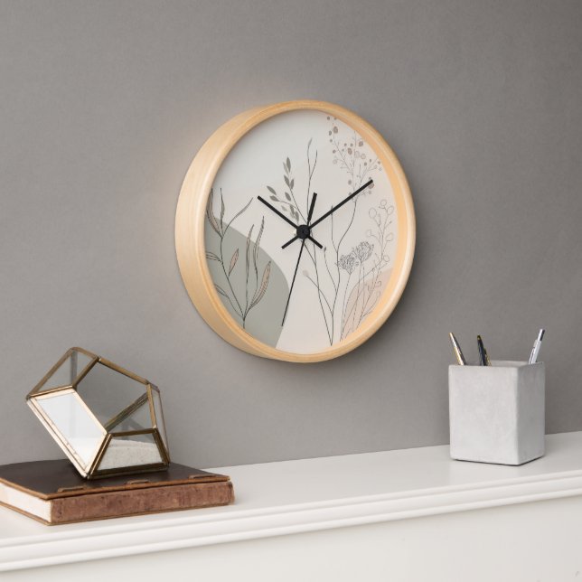 Horloge Minimal Botanical Clock – Abstract Line Art (Bureau)
