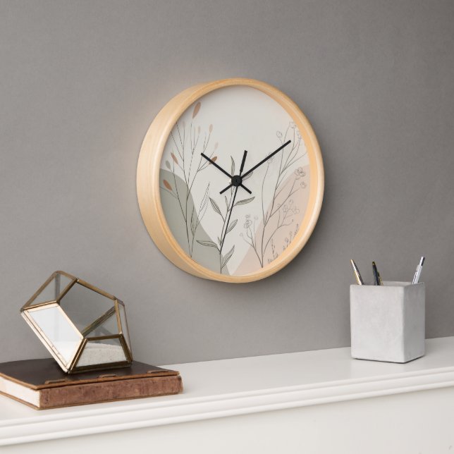 Horloge Minimal Botanical Wall Clock – Abstract Wildflower (Bureau)