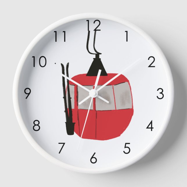 Horloge Moderne Rétro Rouge Ski Gondola Ascenseur Blanc (Recto)
