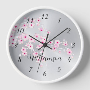 Horloge Monogramme d'huile d'argent en fleurs de cerisier 