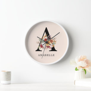 Horloge Monogramme Moderne Fleurs de Floraison Automne Aqu