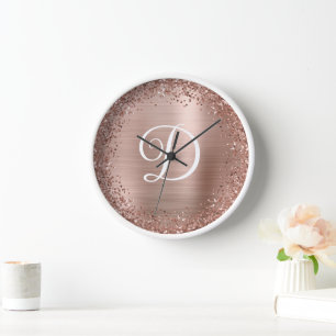 Horloge Monogramme pailleté et doré rose circulaire