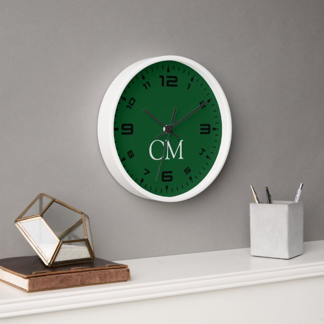 Horloge monogramme simple vert foncé (Bureau)