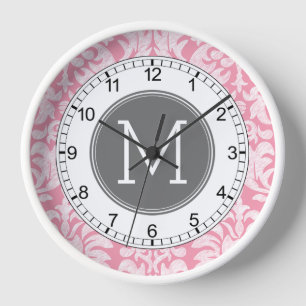 Horloge Motif Pastel Pink & Grey Damask Motif Personnalis