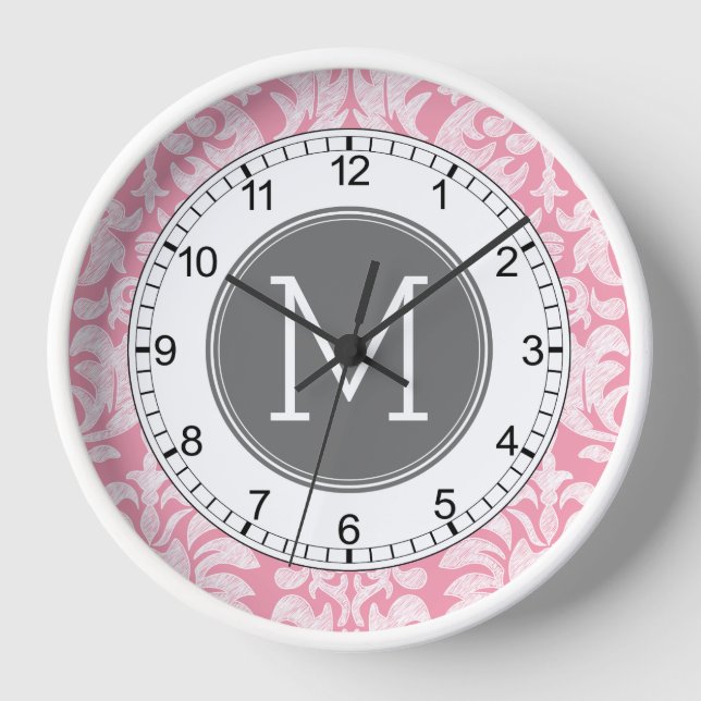 Horloge Motif Pastel rose et gris Damas Motif personnalisé (Recto)