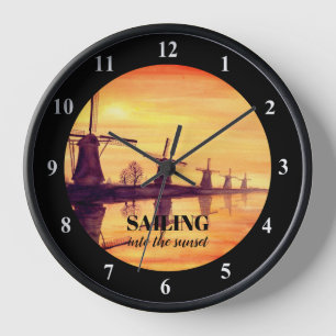 Horloge Moulins au coucher du soleil - Peinture à l'aquare