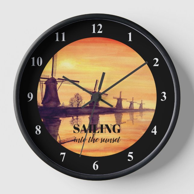 Horloge Moulins au coucher du soleil - Peinture à l'aquare (Recto)