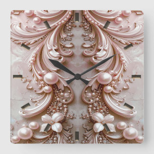Horloge murale à perle et fleurs ornée rose
