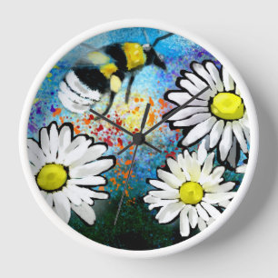 Horloge murale - Bee et marguerites à bulles