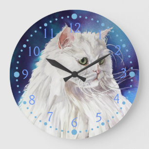 Horloge murale blanche bleue d'art de chat de