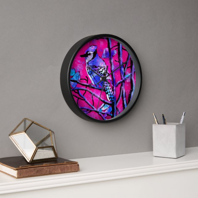 Horloge murale bleu Jay Whimsical Abstrait rose (Bureau)
