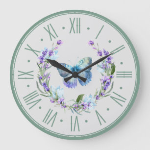 Horloge murale Bleue Papillon et Lavande