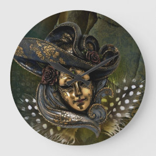 Horloge murale carnaval Masque vert damassé