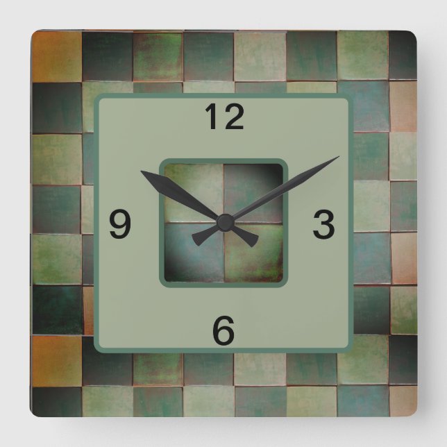 Horloge murale carré avec carrelage d'artisan vert (Recto)