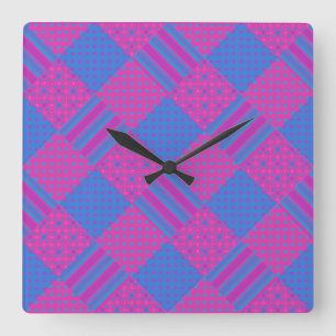 Horloge murale carré : Magenta, Faux-Patchwork ble