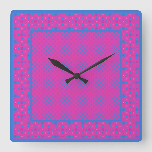 Horloge murale carré, Magenta : Points bleus clair (Recto)