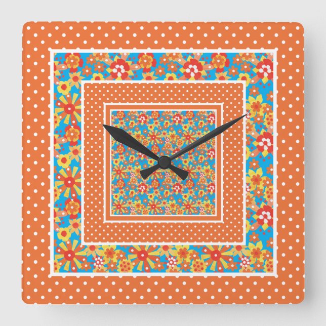 Horloge murale carré, Orange Floral et Pois (Recto)