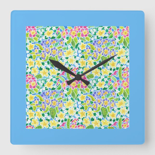 Horloge murale carré, Primroses printanières, bleu (Recto)