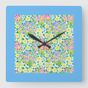 Horloge murale carré, Primroses printanières, bleu