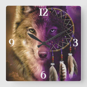 Horloge murale Carré Wolf et Dream Catcher