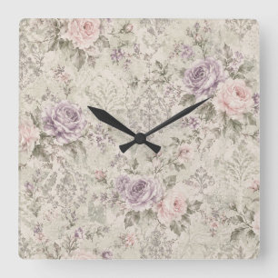 Horloge murale carrée aux roses vintage shabby chi