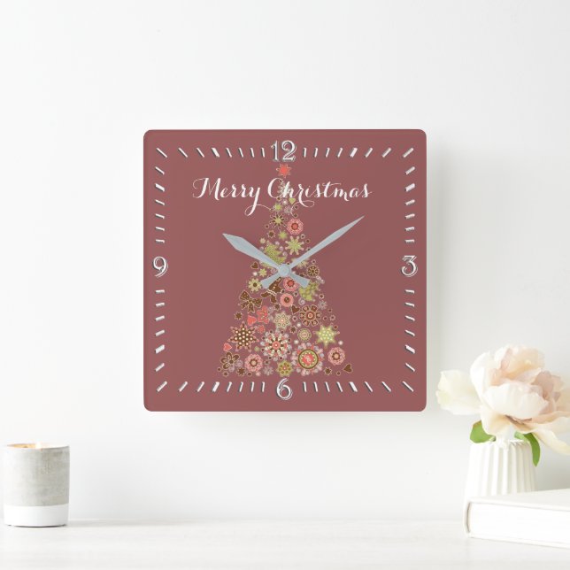 Horloge murale carrée avec sapin de Noël rétro (Maison)