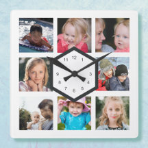 Horloge murale carrée blanche avec collage de 8 ph